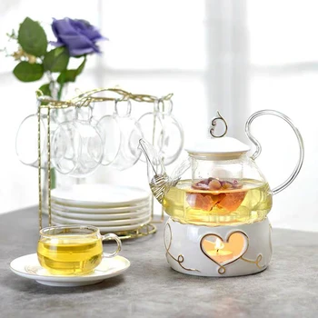 

Ceramic Flower Teapot Glass Cups Set With Saucers Stainless Steel Holder Flower Fruit Tea High BorosilicateHeat Resistant Teapot