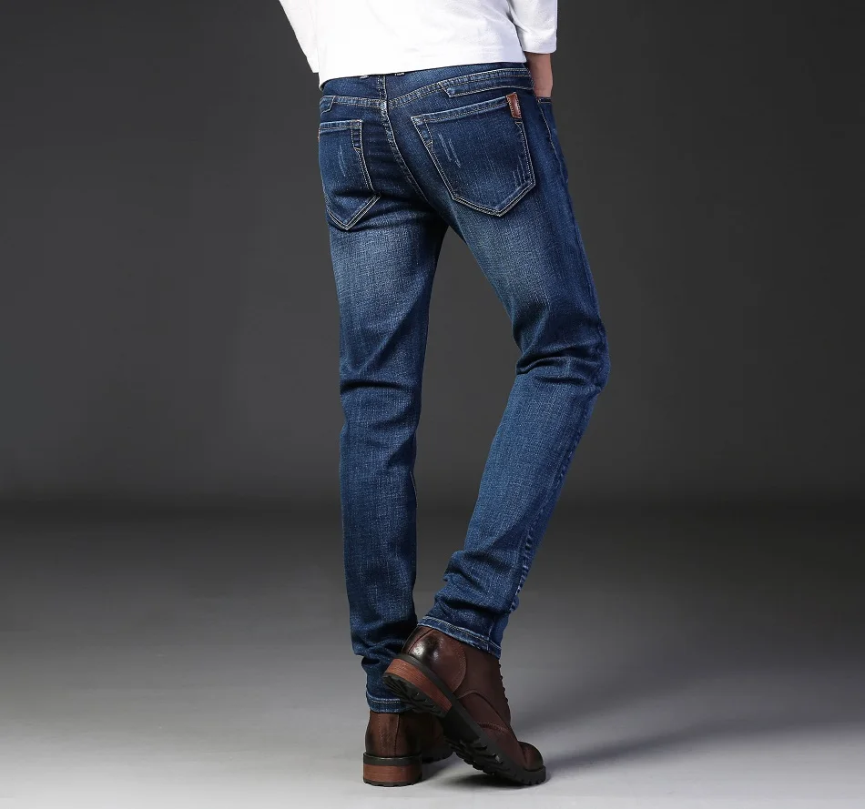 Брендовые мужские джинсы, облегающие, классический стиль, Осень-зима, деловые, повседневные, синие, черные, эластичные, прямые, длинные штаны, джинсы высокого качества