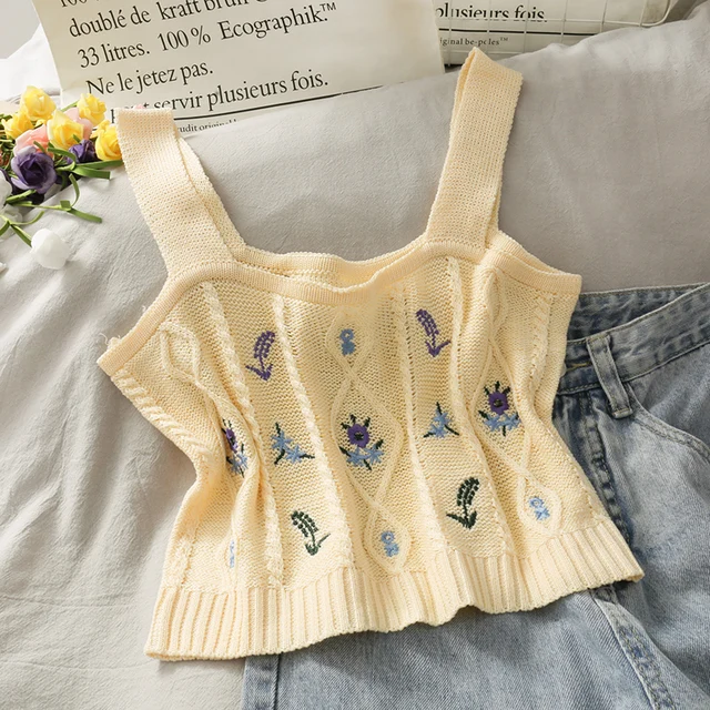 HELIAR Women Flower Embroidery Knitted Crop Tops Women Streetwear Camis Tube Tops Strappy Tanks Cute Tops For Women Summer 6