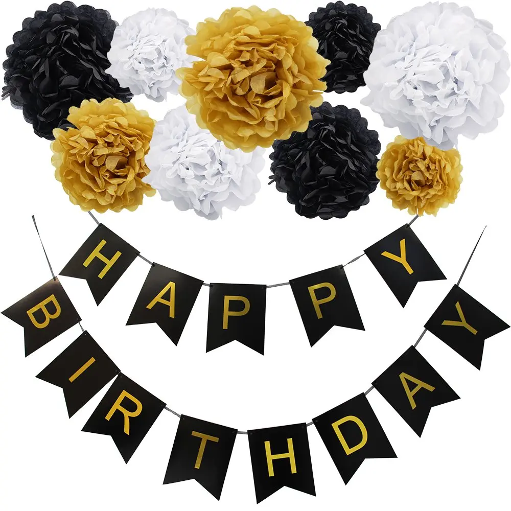 Счастливый флажок на день рождения Бантинг черный баннер золотые буквы набор из 9 папиросной бумаги цветы Гирлянда для дня рождения украшения
