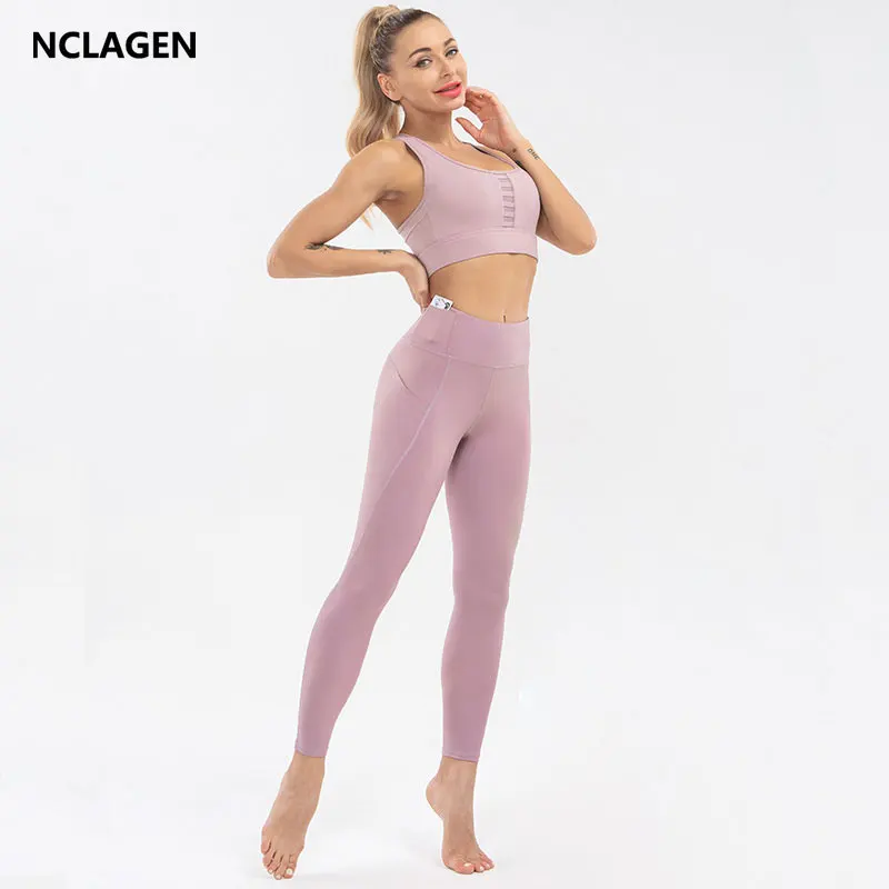 

NCLAGEN Yoga Bra Set Professional Sports Running Fitness Suit Vest Female Pocket High Elastic Gym Leggings Top Women Sportwear