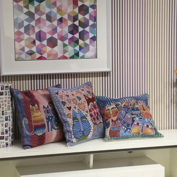 

Cotton Linen Cushion Cover Folk-custom Pillow Cover Double-sided Cat Embroidered Sofa Pillowcase Jacquard Pillow Case