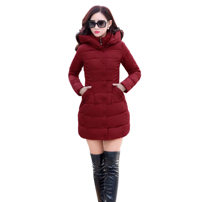 

Women Casual Coat 2020 New Winter Carnival Plain Hooded Pleated Long Sleeve Burgundy Button Pocket Slim Women Fashion Coat OK374