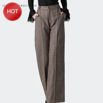 

Wide Leg Pants Women High Waist Straight Casual Brown Long Pants Warm Thicken Winter Trousers Plus Size Street wear Fashion Wool