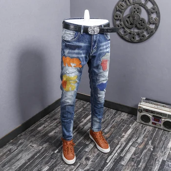 

Fashion Streetwear Men Jeans Blue Elastic Slim Fit Embroidery Designer Ripped Jeans Men Punk Pants Patchwork Hip Hop Jeans Men