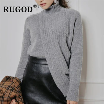 

RUGOD 2019 women sweater Vitnage patchwork turtleneck winter warm knitted pullovers female Korean chic irregular knitwear women