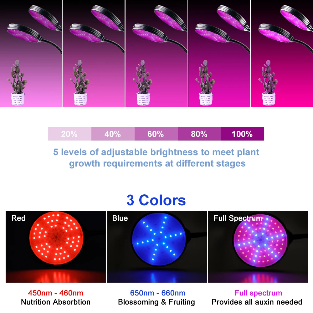 LED Plant Grow Light Bulb Withe Light USB DC 5V Room Red blue UV IR Adjustable 3-Head Timer Plant Lights Green house Grow Tent