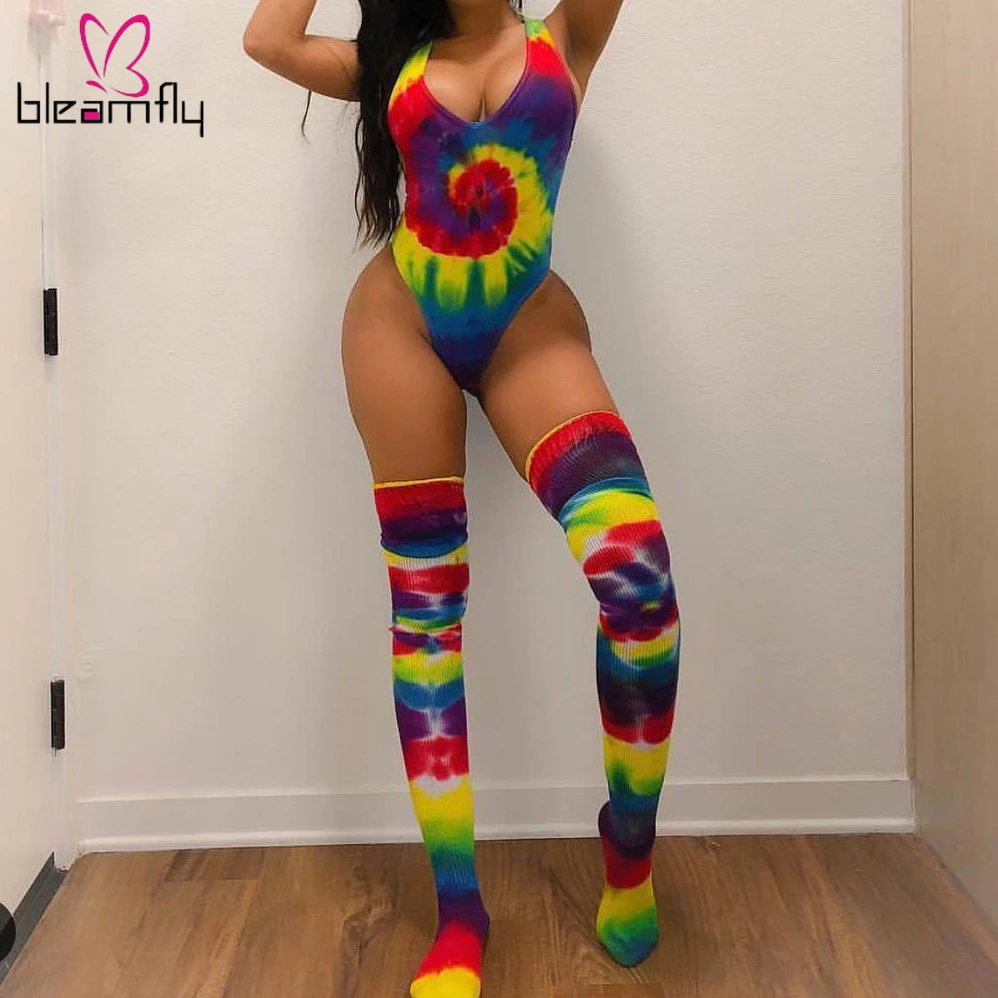 

Rainbow Tie Dye Printed Set V-neck Sleeveless Bodycon One Piece Bodysuits And Knitted Stockings Matching Sets Summer Women Suits