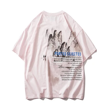 

Chinese Landscape Painting Mens T shirt Oversize Black Tshirts 2020 Summer Unisex 100%Cotton Streetwear Couples Short sleeve Top