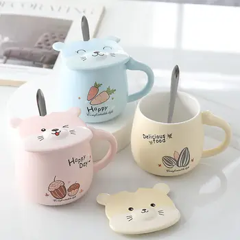 

450ml Cartoon Hamster Ceramic Mug Glass Creative Cute Couple Cup Coffee Milk Cup Office Cup with Lid Spoon Girl Gift