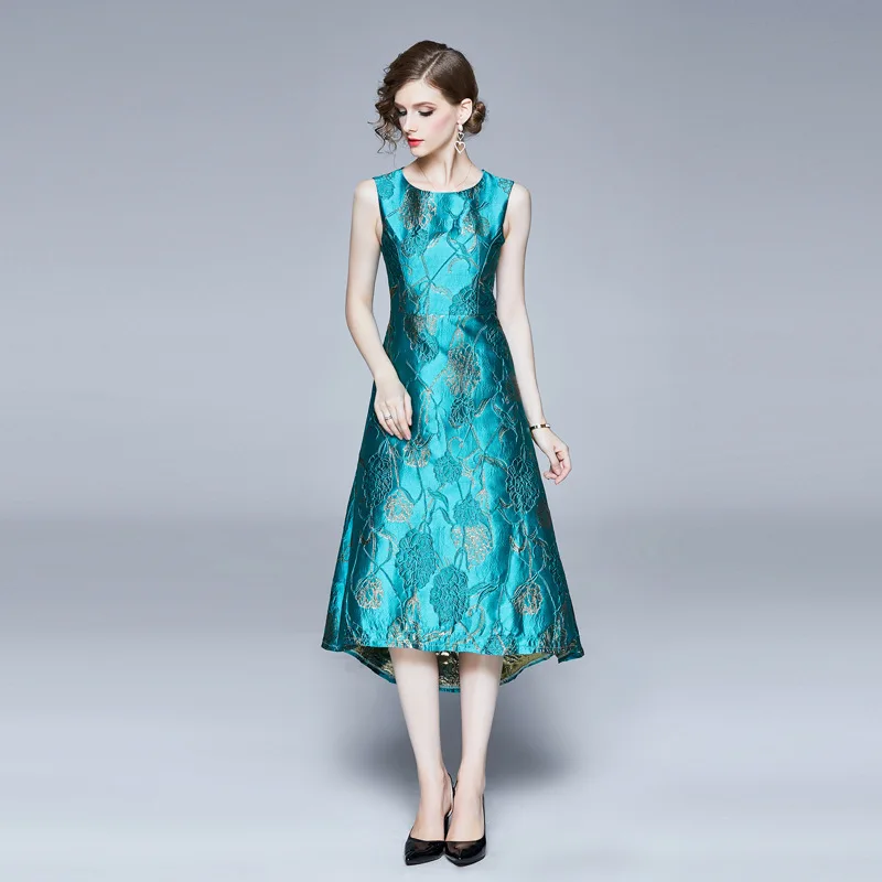 

2020 Early Spring Europe And America Crew Neck Elegant Debutante Irregular Jacquard Sleeveless Vest Mid-length Dress