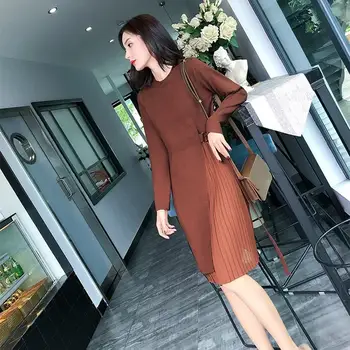 

Woman Elegant Solid O-Neck Sweater Dress 2019 New Fall Patchwork Pleated Dress Casual Long Sleeve A-Line Knit Dress Vestidos