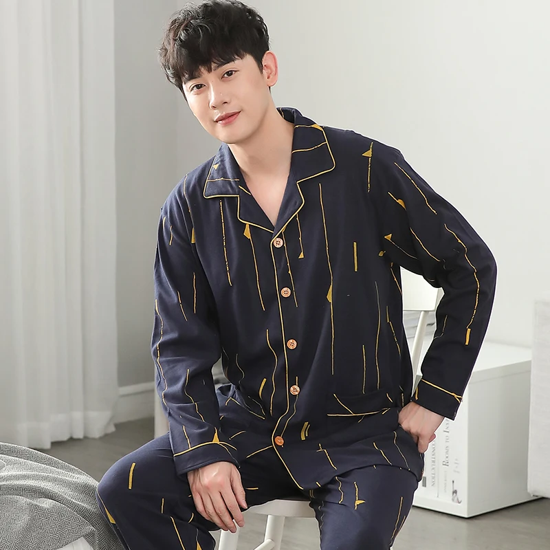 Man Pajamas Set Men Pyjama Set Full Cotton Spring Long Sleeve Print Men Pajama Suit Autumn Nightwear Collar Pijama Male Sleepwear Two Piece 4XL