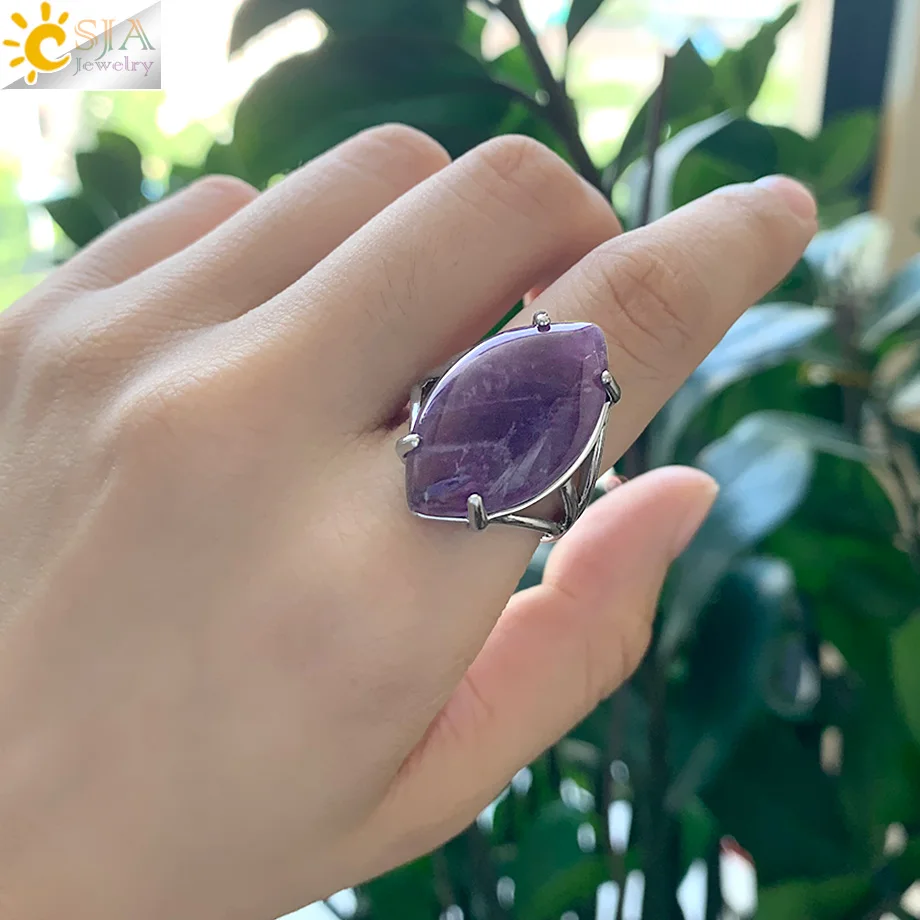 CSJA Natural Crystal Stone Rings for Women Healing Pink Quartz Lapis Horse Eye Shape Cabochon Fashion Finger Ring Resizable G574