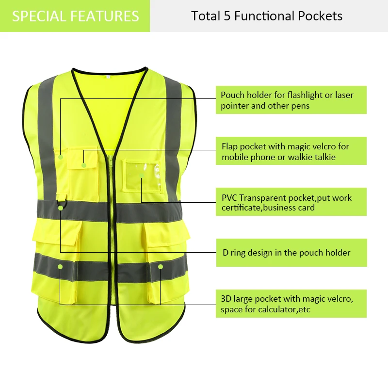 Roadstar High Visibility Reflctibve Vest Auto Moctorcycle Bike Clothes Accessries Zipper Pocket Jacket for Road Safety