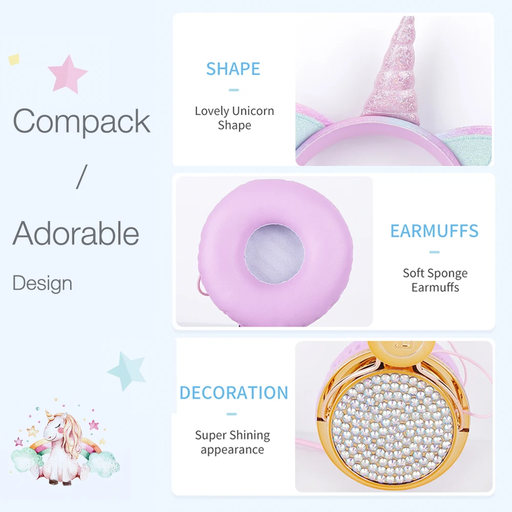 BlueWow B121 Cute Cartoon Diamond Unicorn Wired Headphone Headset For Kids Online Learning