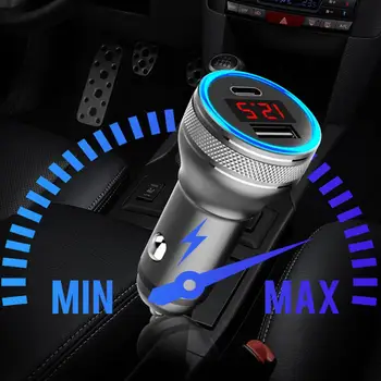 

3A Fast Quick Charge QC3.0 + PD Metal Car Charger Fast Charging with Digital Display Dual USB Car Charger For iphone 12V 24V