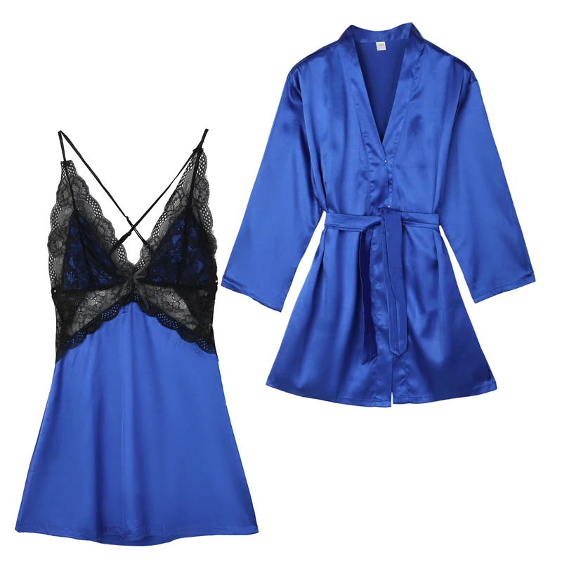 Fiklyc женское нижнее белье, ночная рубашка с открытой спиной+ банные халаты, комплект из двух предметов, атласная одежда для сна, пижамный комплект для женщин, Новинка - Цвет: blue set