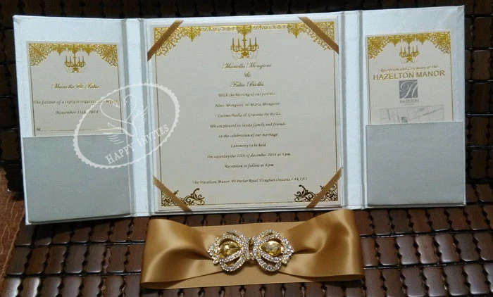 HI2003-12 Custom Beige Silk Folio Wedding Invitation with Gold Foiling Brown Ribbon and Gold Crown Brooch