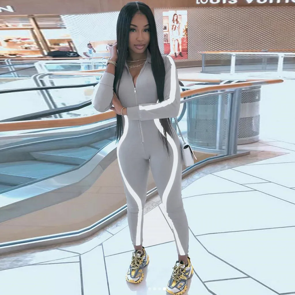 Женские фитнес комбинезоны тонкие облегающие Светоотражающие Лоскутные Длинные