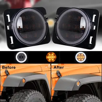 

3000K Front Fender Side Marker Lights Smoked Parking Turn Indicator Lamp with White Halo for Jeep Wrangler JK JKU 2007-2017