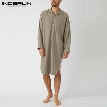

INCERUN Men Short Sleeve Lapel Sleepwear Leisure Sleep Robes Solid Color Baggy Nightwear Man Fashion Loose Cotton Homewear S-5XL