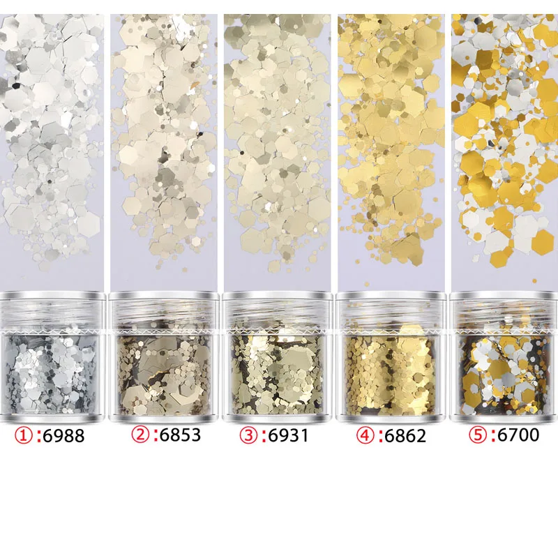 

1Box Dazzling Hexagon Nail Art Glitter,10ml/Jar,Champagne Gold Fingernail Acrylic Powder Rubbing On Nail Manicure Accessory Dust