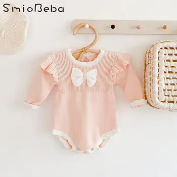

Newborn Sweet Girls Knitted Romper Baby Bowknot Sweater One Piece Suit Triangle Bag Fart Hatsuit Creeper Baby Girl Romper Winter