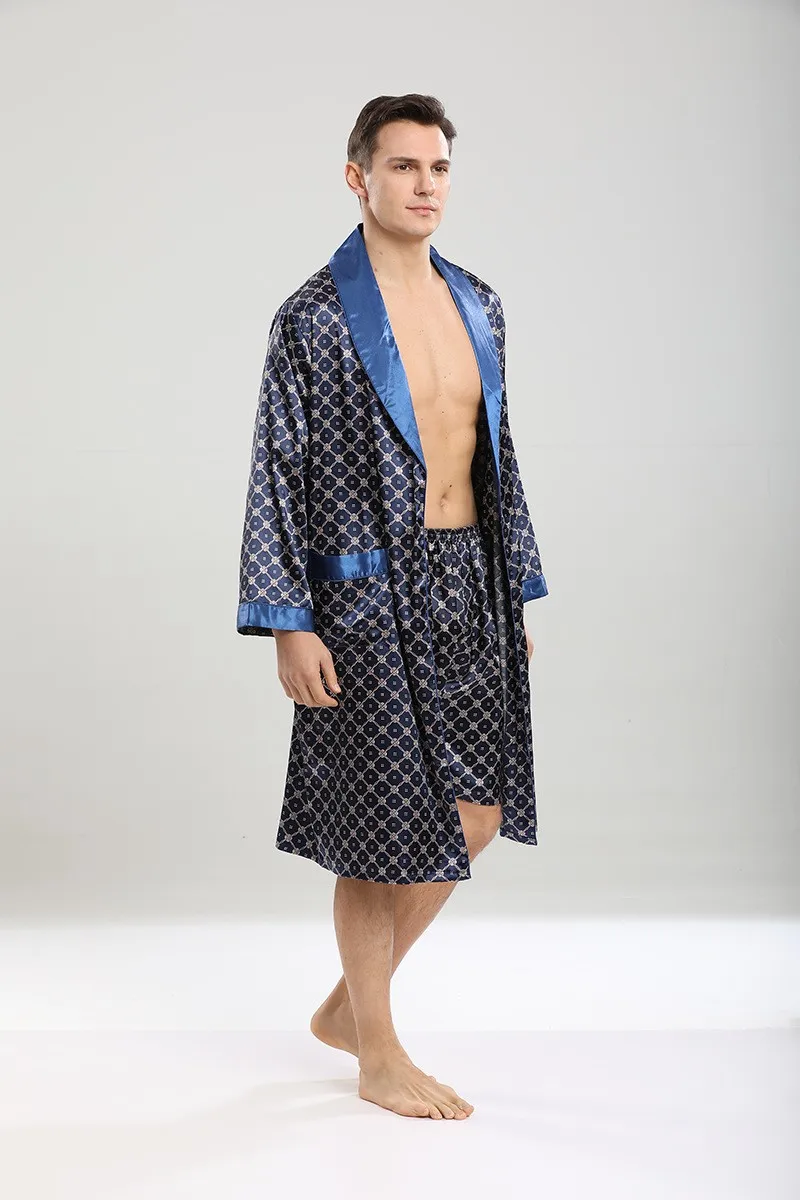 Men Robe Sets Satin Kimono Gown Male Sleepwear Bathrobe Faux Silk 2PCS Robe&Shorts Suit Casual Nightwear Lounge Wear Homewear silk loungewear