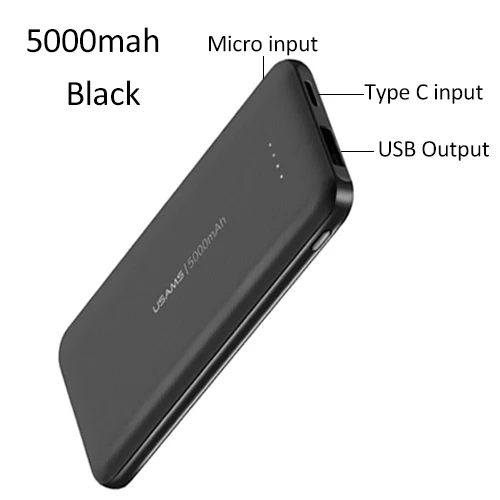 5000mah Black 5000 мАч Мини-банк питания для iPhone samsung, USAMS Внешняя батарея повербанк ультра-тонкий внешний аккумулятор Тип C Быстрая зарядка pover Bank - Цвет: 5000mah Black