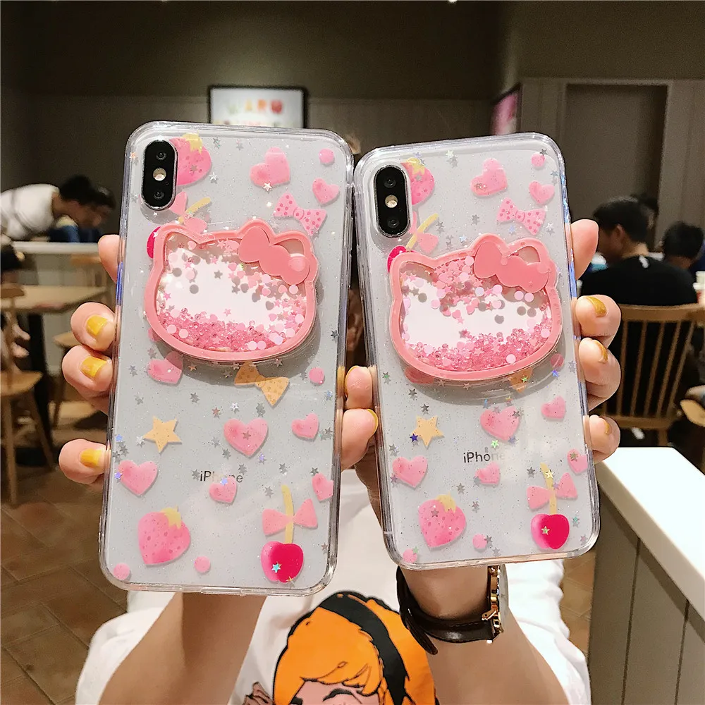 

Lovely pink Hello kitty glitter sequins TPU case for iPhone 11 6s 7 8 Plus X XR XS MAX love heart quicksand bling laser cover