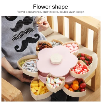 

Creative Double Layer Rotating Storage Box Flower Design Plastic Snack Candy Box Fruit Basket Wedding Decoration Organizer