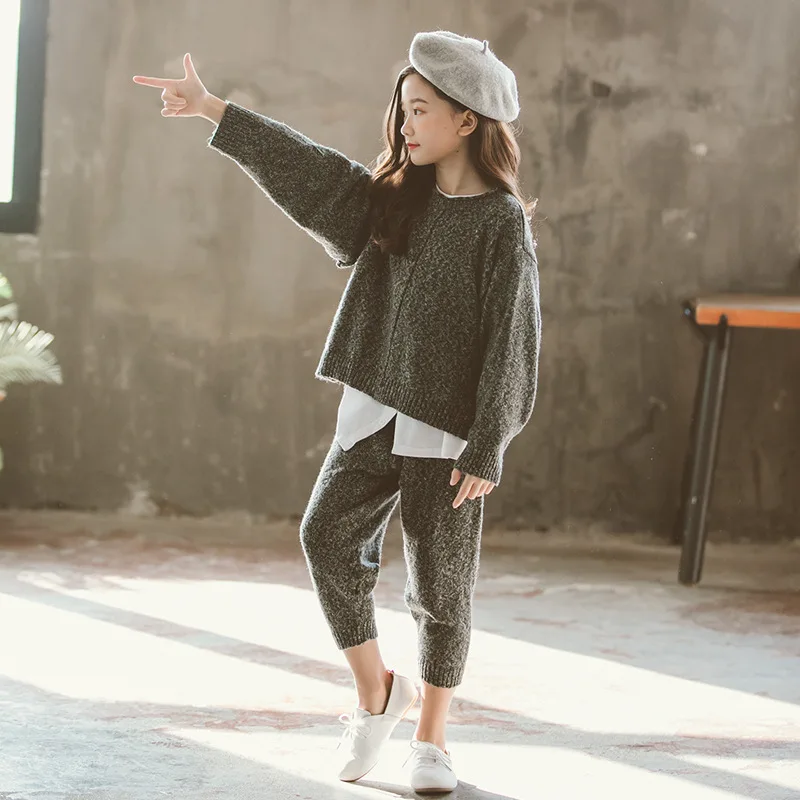 

2pcs Knit Set Back To School Clothing Girls Autumn Winter Two Pieces Sets Girl Suit Knitted Sweater And Knitting Pants Fashion