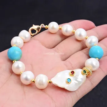 

GuaiGuai Jewelry 8'' White Baroque Pearl Blue Turquoise Stone Keshi Pearl Cz pave Beaded Bracelet Extender