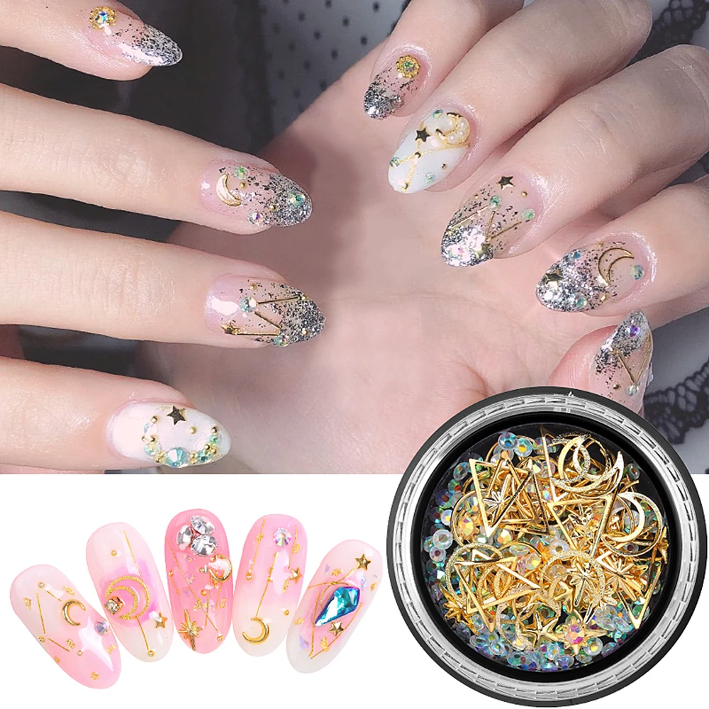 

1Box Nail Art Gold Star Moon Mix 3D Rivet Rhinestones Beads AB Sequins Shiny Glitter Charm Gems Manicure Decorations JS01-14