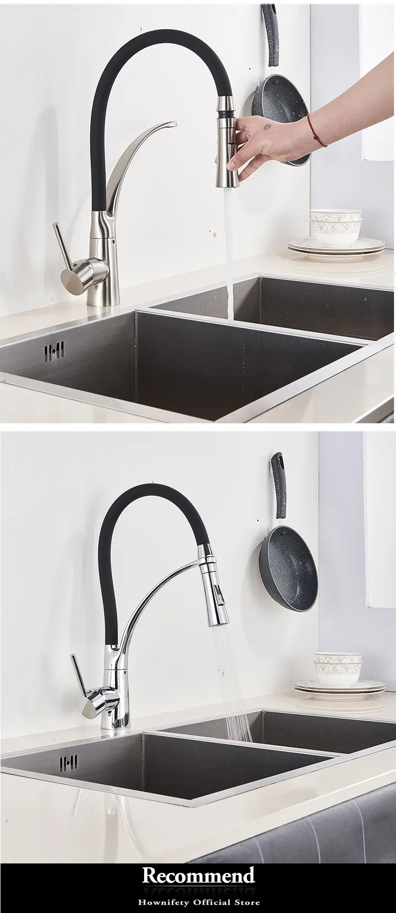 Black Chrome Finish Kitchen Faucet Deck Mount Pull Sprayer Nozzle Hot & Cold Water Kitchen Sink Faucet Mixer Taps