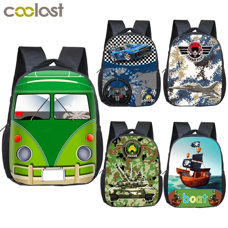 cartoon car / tank / plane / boat small backpack boys kindergarten bag