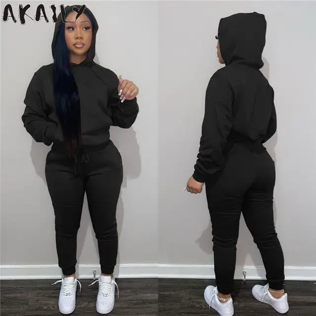 Akaily Autumn Gray 2 Two Piece Sets Tracksuit Womens Outfits Black Fleece Hoodies Pants Sets Suits Ladies Sweatsuit For Women 5