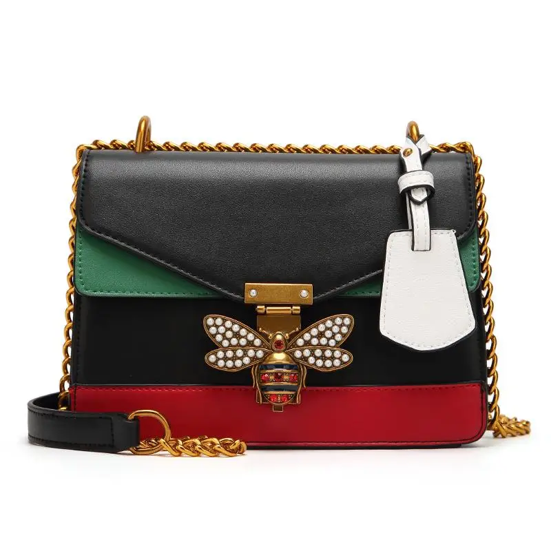 

Advanced Compact Casual Small Square Bag Bee European and American Style Contrast Color Lock Temperament Shoulder Messenger Bag