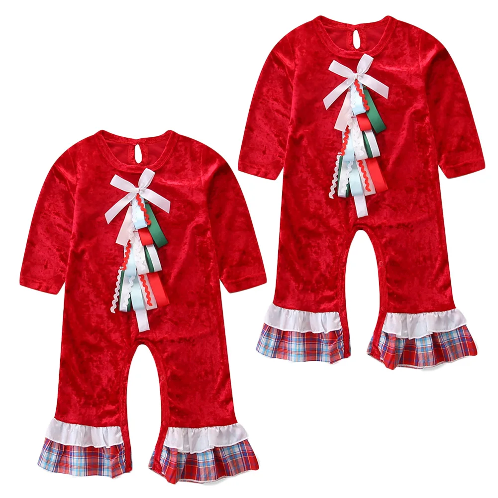 Baby Christmas Rompers Jumpsuits Kids Boy Girl Infant XMas Velvet Romper Jumpsuit Long Sleeve Flared Playsuit Outfit Hot