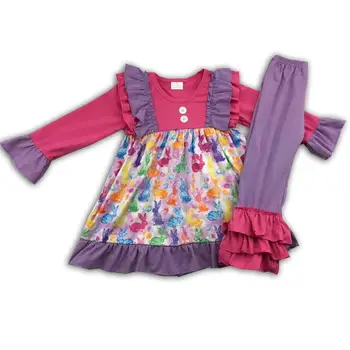 

Easter Children spring Clothing Girls rabbit Bell Top Match purple Ruffle Pants Sets Baby Girl Outfits