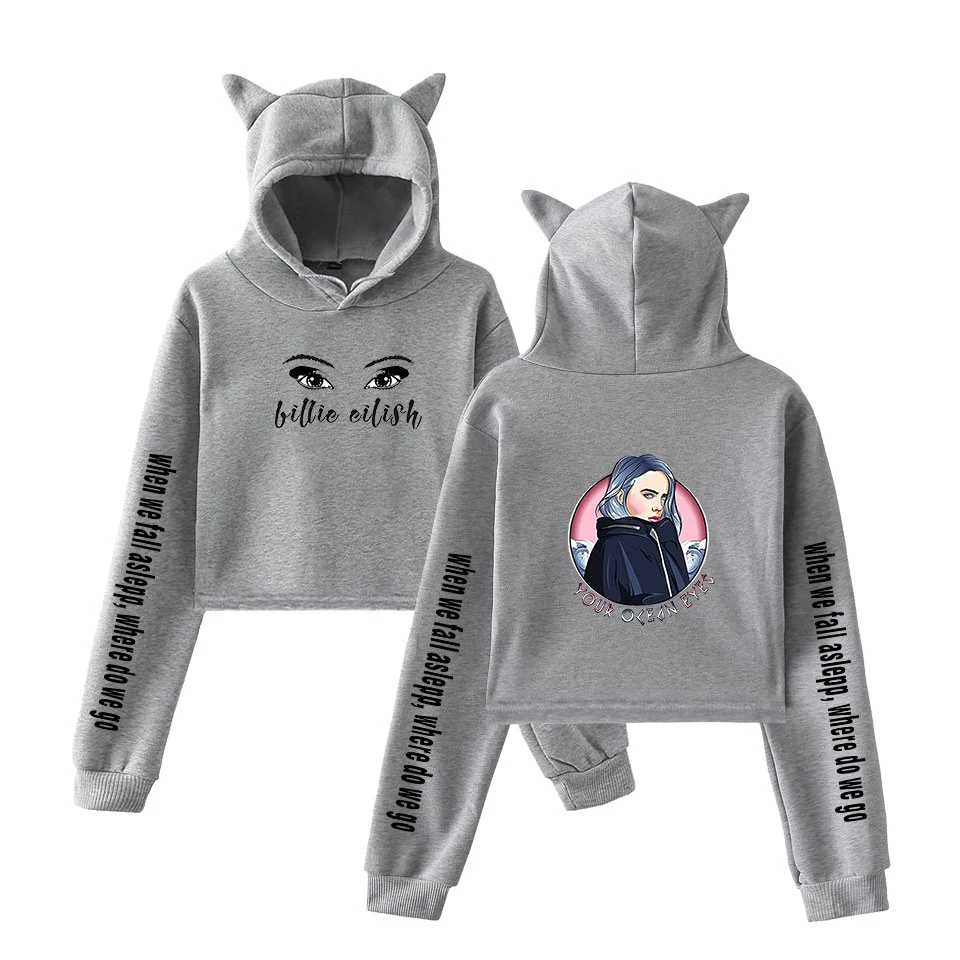 Толстовка в стиле хип-хоп Billie Eilish, женский милый топ, худи для девочек, Дамский модный пуловер, короткое худи с кошачьими ушами, толстовка