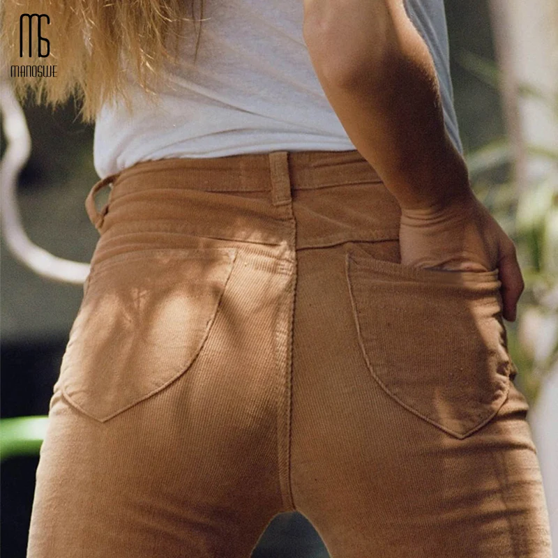 

Manoswe Women's Fashion Retro High Waist Corduroy Flared Trousers 2019 Autumn & Winter New Sexy Warm Zipper Wide Leg Pants
