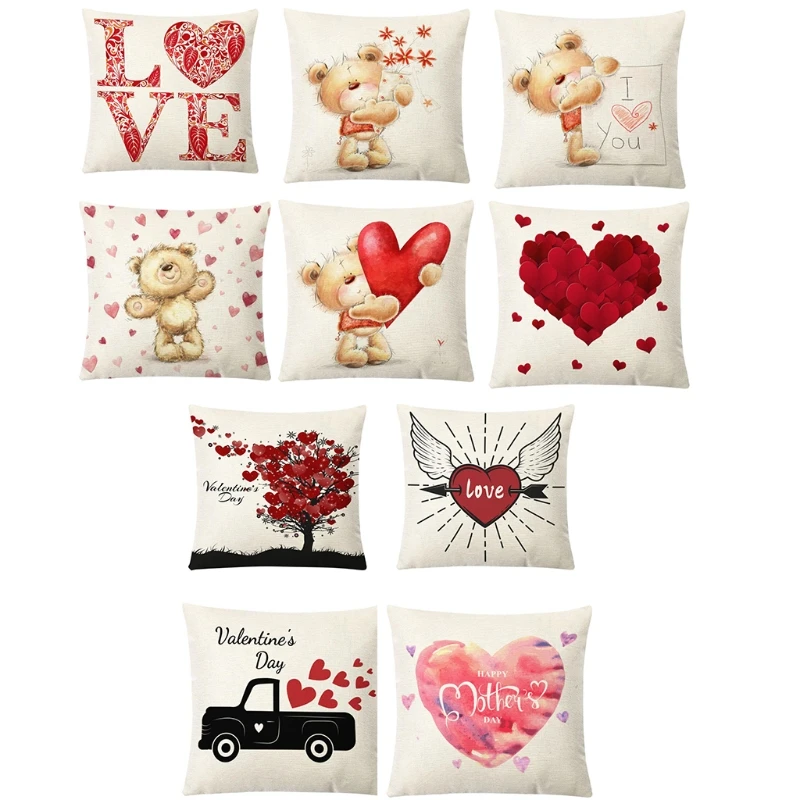 Valentines Day Linen Throw Pillow Case Romantic Cartoon Bear Holding Love Heart Printed Decorative Cushion Cover Farmhou | Дом и сад
