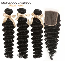 Ребекка волосы Remy свободная глубокая волна бразильские человеческие волосы 3 пряди с Закрытие 4x4 бразильские свободные глубокая волна с закрытием кружева