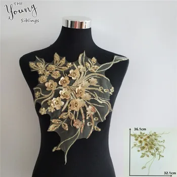 

New arrive gold Embroidery Sequin Tulle Lace Fabric 3D Flower ABS pearl Lace Collar Sewing Neckline DIY Dress Decorate Accessory