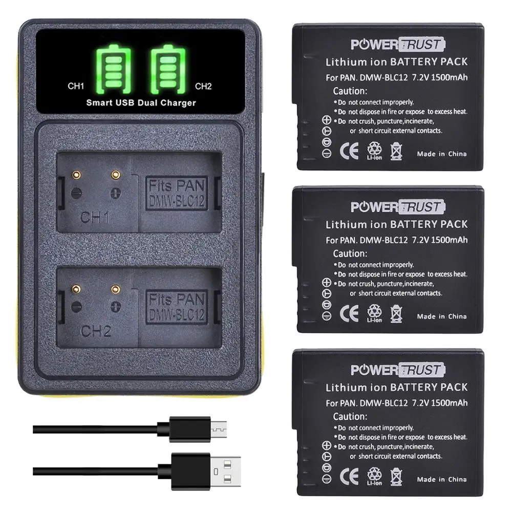 Powertrust 1500Mah Dmw-Blc12 Blc12E Blc12Pp Batteria + Led Doppio Caricatore Per Panasonic Fz1000,Fz200,Fz300,G5,G6,G7,Gh2,Dmc-Gx8