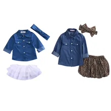 Модная одежда для маленьких девочек; джинсовые топы с длинными рукавами+ леопардовая юбка-брюки; повязка на голову; детская одежда для девочек; комплект из 3 предметов