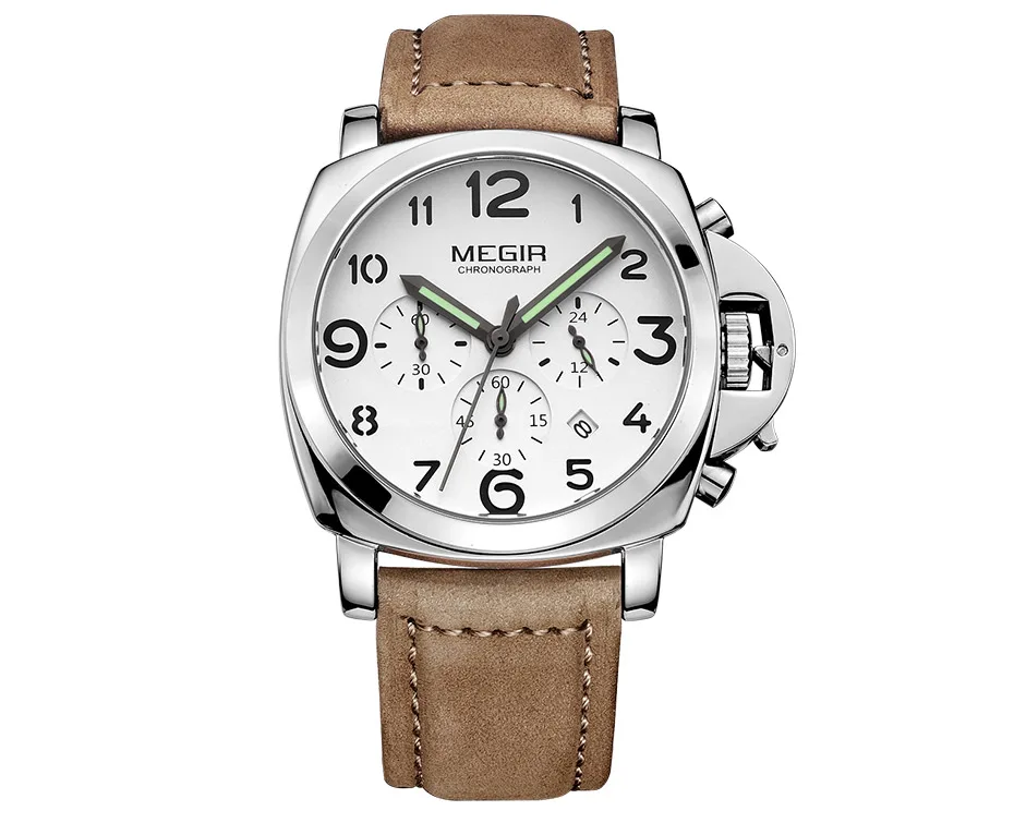 Megir Мужские Хронограф светящийся кварцевые часы с календарем Дата Круглый Аналоговый военный Кожаный ремешок наручные часы для мужчин ML3406G