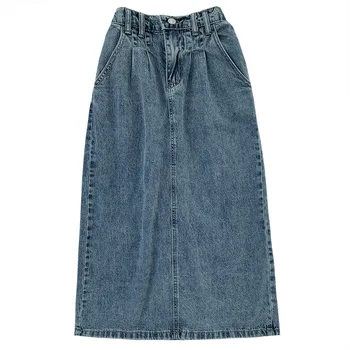 

2020 High Waist Hip Women's Skirt Streetwear A-line Blue Denim Skirt Casual Slim Double Pockets Female Midi Skirt Summer Faldas